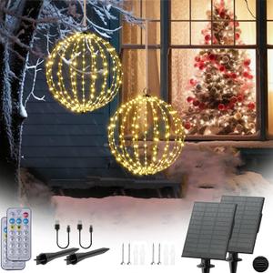 Outdoor Christmas Lights Balls, Solar Hanging Lighted Sphere, Prelit LED Balls 16" Large Globe Christmas Decoration, 208 LED Foldable Chandelier Waterproof for Outside Tree Porch Yard Decor-2Pack