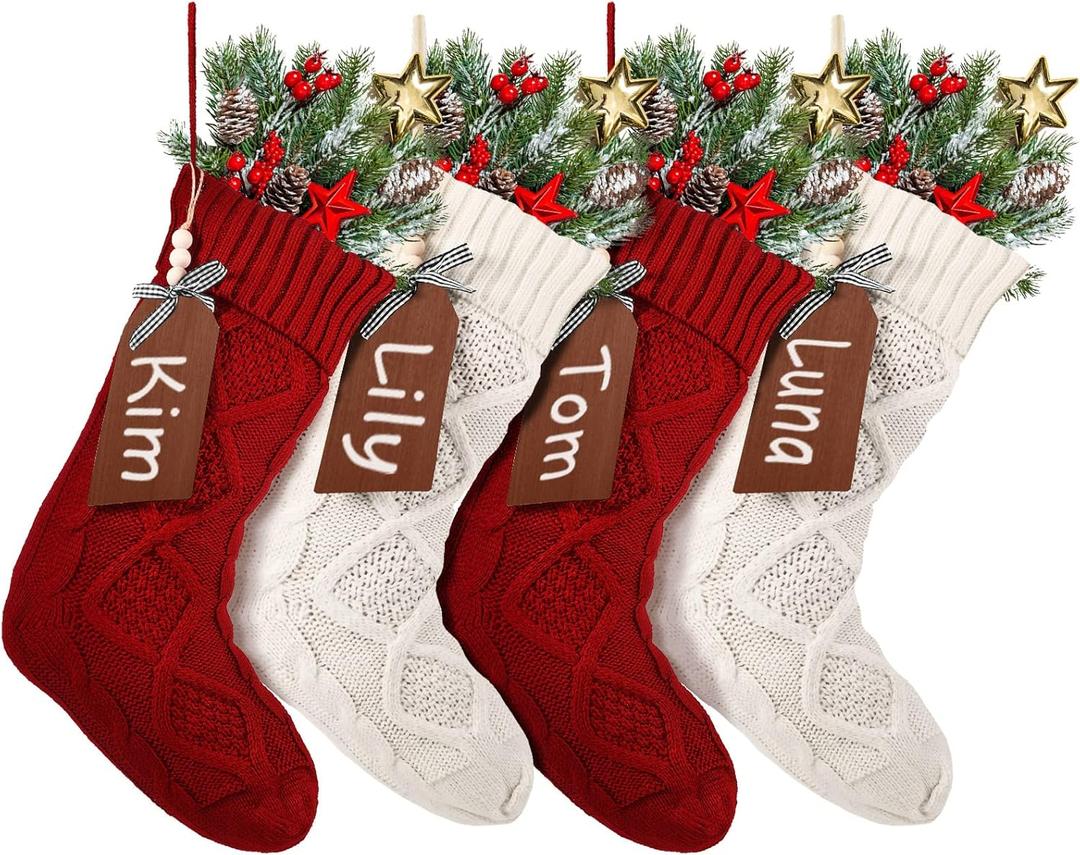 Aoriher 4 Sets Large Christmas Stockings with DIY Name Tags, 18 Inch Knitted Stockings Xmas Stocking Decorations with Christmas Stocking Tags for Christmas Family Decor(Red, White)