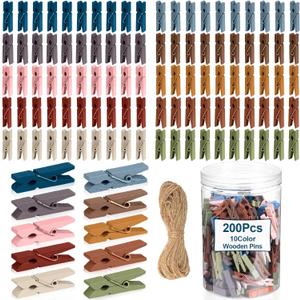 200Pcs Mini Clothes Pins Wooden Colored Small Clothespins Photo Pegs Craft Pictures Clips with Jute Twine Tiny Wood Decorative Clips for Photo Wall Home School Party Arts Projects DIY Decor (Boho)