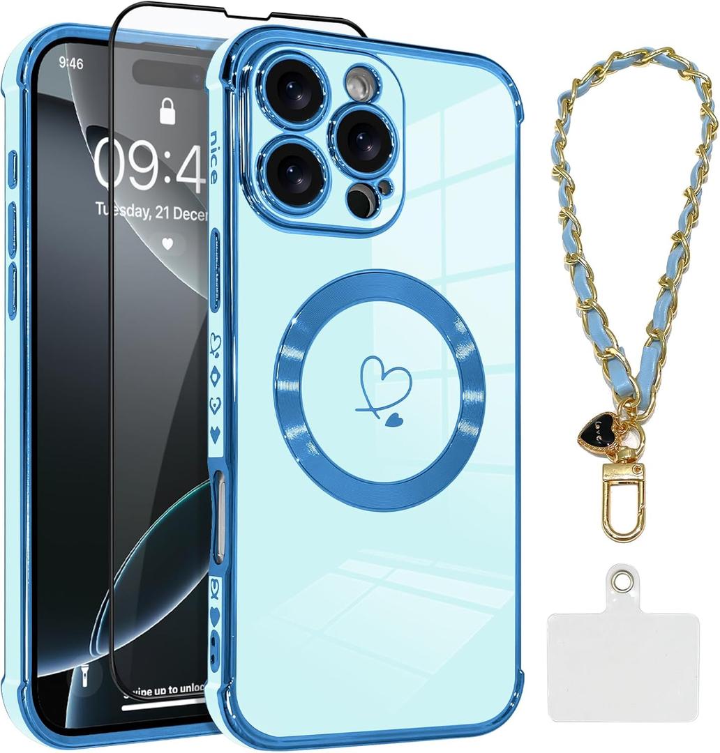 OOK Magnetic Phone Case for iPhone 16 Pro Max [Compatible with MagSafe] Soft TPU Heart Phone Cover with Screen Protector Shockproof Protection Slim Case with Strap Lanyard for Women - Blue