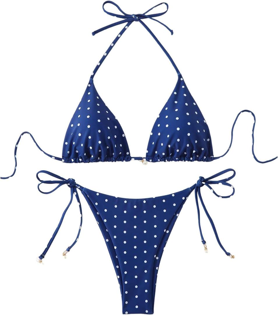 SOLY HUX Women's Polka Dots Print Bathing Suit Halter Triangle Tie Side Bikini Sets Two Piece Swimsuit