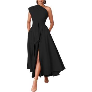 Kwunbwa One Shoulder Dresses for Women Elegant Asymmetrical A Line Flowy Formal Evening Gowns Party Cocktail Dress (Black, L)