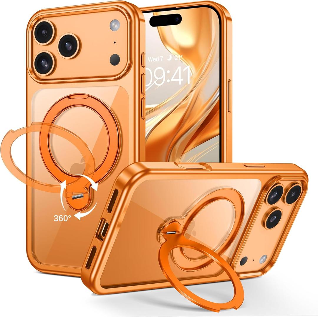 GUAGUA for iPhone 17 Pro Case with Stand, 360 Magnetic Rotatable Ring, Clear Back Plating Edge Invisible Ring Holder Slim Shockproof Protective Kickstand Phone Case for iPhone 17 Pro 6.3 inch, Orange