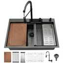 BoomHoze 33 Inch Black Drop In Waterfall Kitchen Sink Workstation