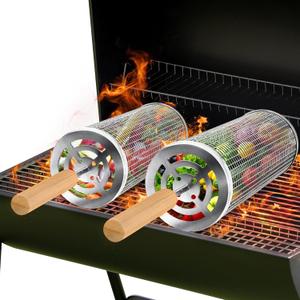 2PCS Stainless Steel Rolling Grill Baskets for Outdoor BBQ | Heavy-Duty Grilling Basket with Locking Handle | Round Grill Accessories for Fish, Meat, Vegetables | BBQ Gifts for Men & Grill Enthusiasts