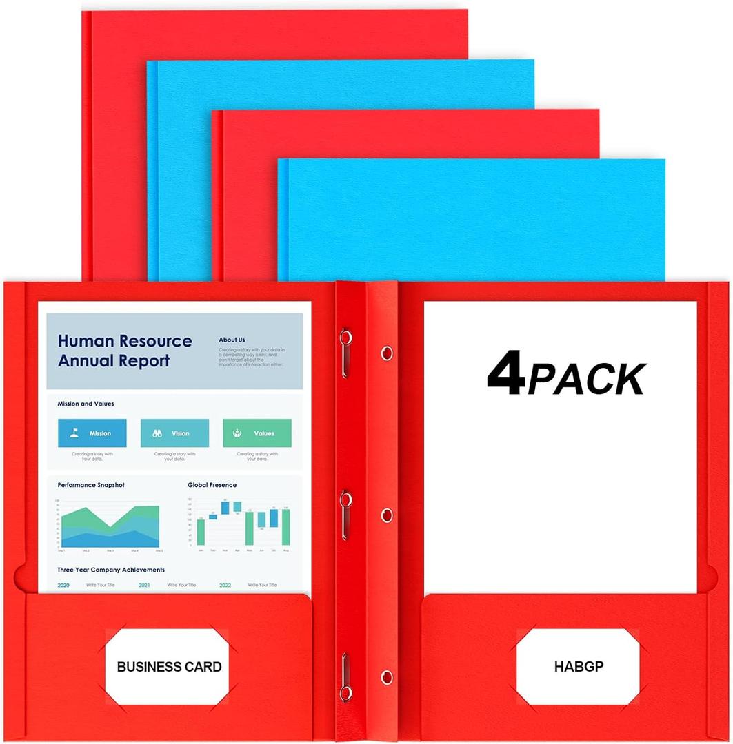 5 x HABGP 4 Pack Two Pocket Folder with Prongs, 2 Color Paper Folders with Pockets and Business Card Holder, Folders with Pocket Fit Letter Size, Organizing Papers in School, Office & Business Red & Blue