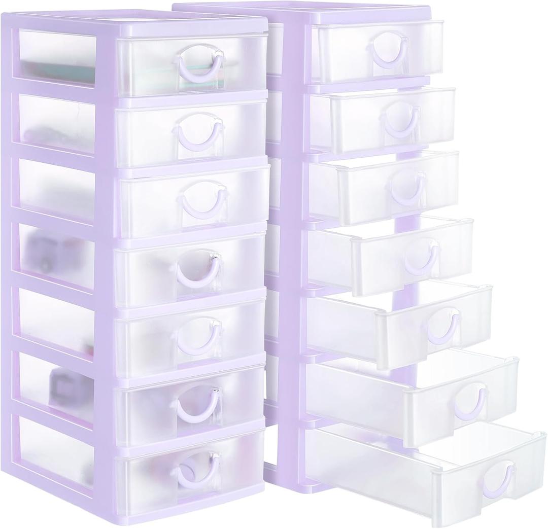 Thyle 2 Pcs Plastic Drawers Organizer Mini Organizer Stackable Plastic Clear Drawer Storage Box Containers Storage Units for Desktop Classroom Craft 6.7 x 4.9 x 13.4 inches(Purple)