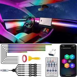 TEKSHINNY Car Acrylic Interior LED Strip Lights with USB, Ambient Lighting for Cars SUV Truck, Dynamic Chasing Sync to Music