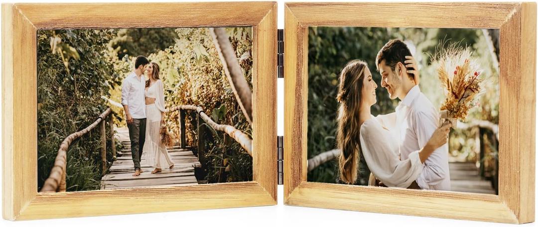 Double Horizontal 4X6 Picture Frames Hinged Folding Rustic Photo Frames in Brown for Wall Hanging or Tabletop Standing, Made of Pine Wood with Real Glass P-H64*2-MU