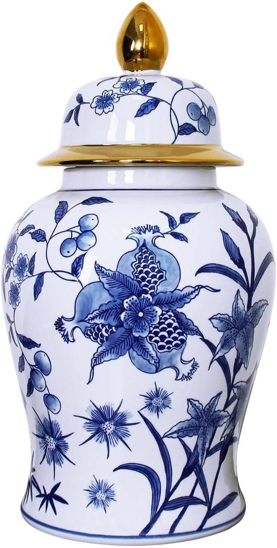 Blue and White Pomegranate Floral Ceramic Ginger Jar 18" H - Antique Hand-Painted Chinoiserie Planter for Bouquet, Elegant Interior Design Temple Jar for Home & Kitchen