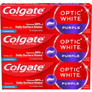 Colgate Optic White Purple Toothpaste for Teeth Whitening, Teeth Whitening Toothpaste with Fluoride, Helps Remove Surface Stains, Enamel-Safe for Daily Use, Mint, 3 Pack, 4.2 oz