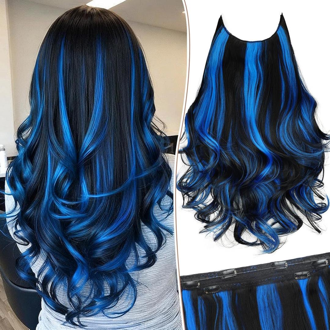 KooKaStyle Invisible Wire Hair Extensions Long Wavy Layered Synthetic Hair with Transparent Wire Adjustable Size 6 Secure Clips Hairpieces for Women(Black with Blue 20 Inch)