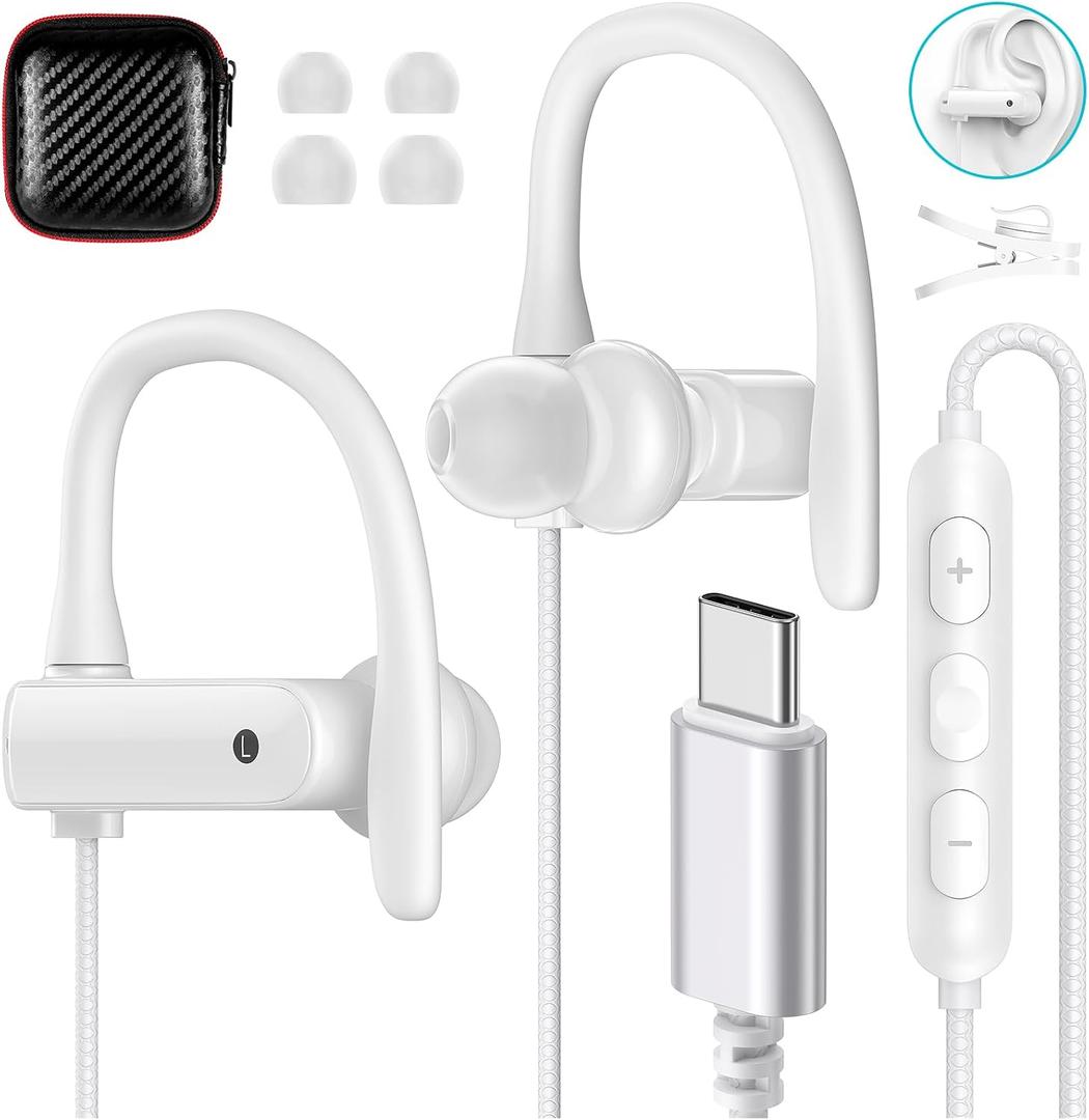 USB C Headphones Over Ear Hooks for iPhone 17 Air 16 15 Pro Max Plus, Wrap Around Ear Buds with Loops Mic Type C Earphone Running Sport Wired Earbud for Samsung S26 S25 S24 Ultra S23/Pixel 10, White