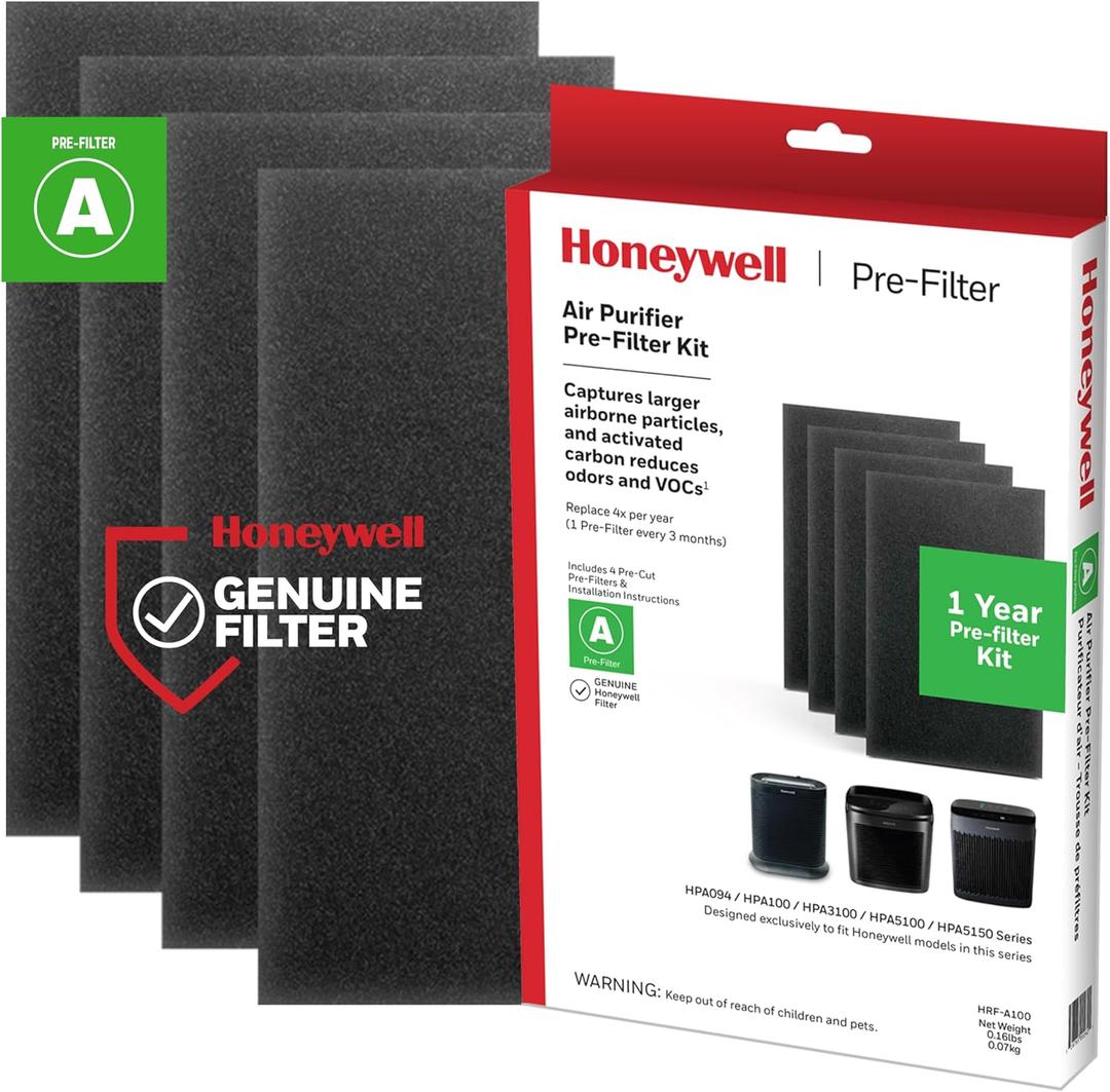 Honeywell HRF-A100 Air Purifier Pre Kit Filter, 4 Count (Pack of 1) - Allergen Air Filter Targets Dust, VOC, Pet, Kitchen, and Wildfire/Smoke Odors (1.2" x 7.7" x 10.9")