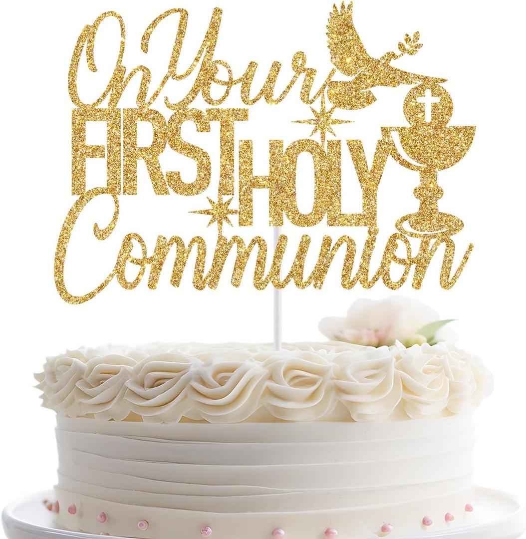 On Your First Holy Communion Cake Topper, Christian Baptism/Baby Shower Cake Decor, Religious Wedding/Bridal Shower Decorations Gold Glitter