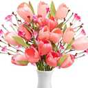 Yen Jean 16 Bundles Summer Artificial Fake Tulips Decor - Faux Flowers Bouquet Floral Picks Easter March Decorations for Home Vase Wedding Table Centerpieces