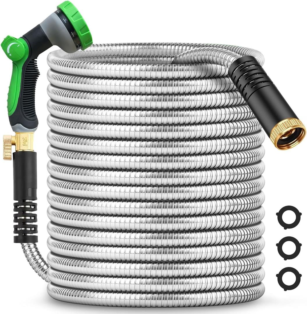 150Ft Metal Garden Hose durable stainless steel Water Hose, flexible, lightweight hose is resistant to kinks and tangles.With 10-way nozzle, strong 3/4” metal fittings, and a Stop Valve.