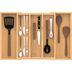 Bamboo Expandable Kitchen Drawer Organizer, 13" to 23" Adjustable Utensils and Cutlery Tray, Wood Drawer Organizer for Silverware Flatware (5 Slots Expandable)