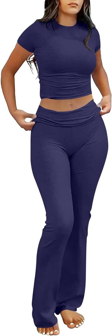 ANRABESS Lounge Sets for Women 2 Piece Foldover Yoga Flare Leggings Pants Crop Tops Casual Y2K Outfits Matching Tracksuit Set (Blue, L)