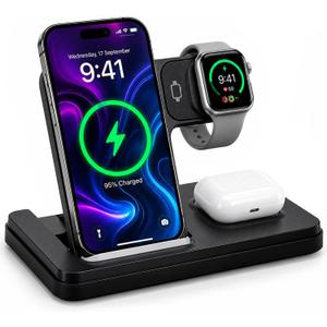 Foldable 3 in 1 Wireless Charging Station for Apple Magsafe Charger Stand,Fast Magnetic Wireless Charger Station for iPhone 17 Air 16 15 14 13 12 Series,Airpods Pro,Apple Watch Ultra