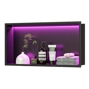 Qeke Stainless Steel Shower Niche 24" X 12", No Tile Needed Wall Niche with RGB Led Light, Recessed Shower Shelf for Bathroom Storage Over Mount Installation, Matte Black