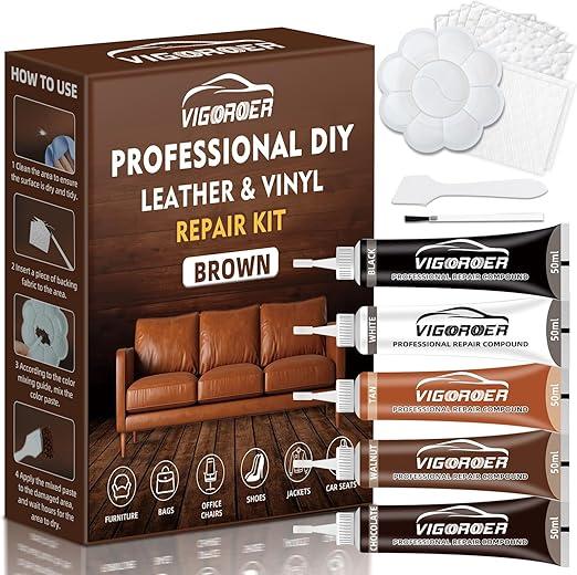 Brown Leather Repair Kit for Furniture, Leather Couch Repair Kit for Car Interior, Sofa, Purse and Jacket, Restore Any Material with Super Easy Instructions to Fix Scratches, Tears, Holes, Peeling