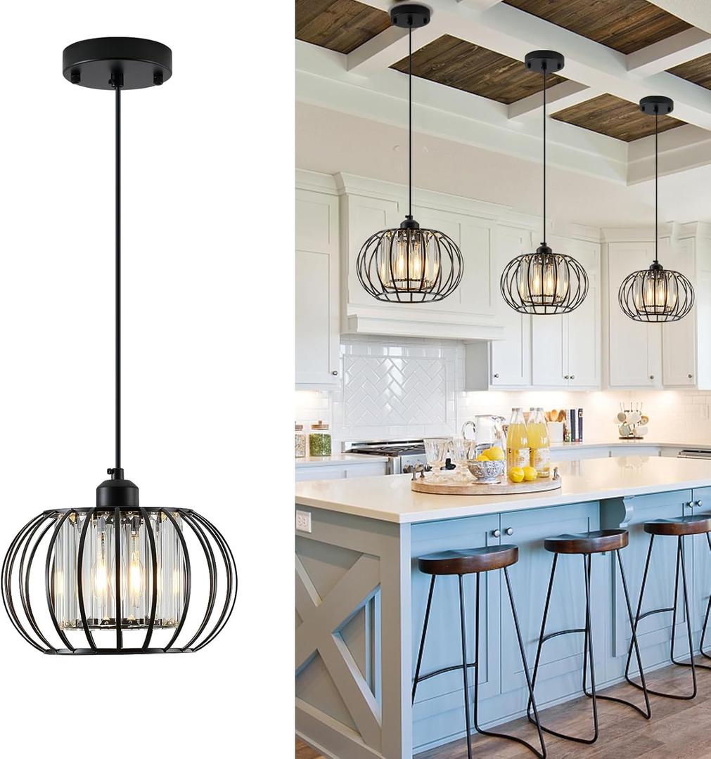 Black Pendant Light Fixture, Farmhouse Hanging Lights with Crystal, Adjustable Mini Kitchen Pendant Light, Modern Industrial Metal Wire Caged Hanging Pendant Lamp for Living Room, Bedroom