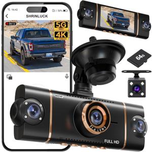 4-Channel 360 Dash Cam,Front,Rear,Left & Right Car Camera,4K + 31080P FHD Recording, 5GHz WiFi with App Control, 24-Hour Parking Monitor, 8 IR Lights Night Vision, with 64GB SD Card, Gold