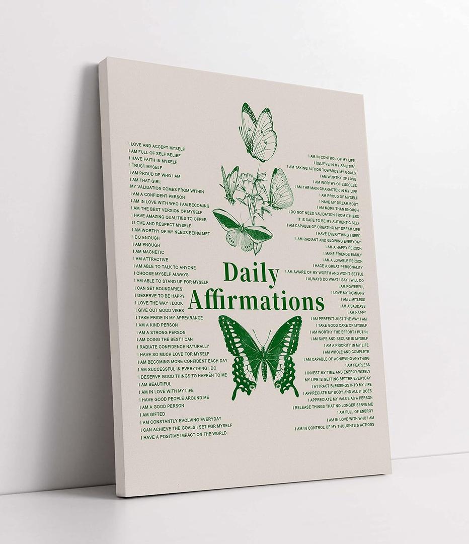 LiTiu Affirmation Wall Decor, Daily Affirmation Vintage Green Butterfly Wall Art Canvas Prints Decor, 11x 14, Inspirational Wall Decor For Home Bedroom Living Room Nursery Kids Room