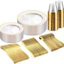 bUCLA 150Pcs Clear Gold Plastic Dinnerware Set - Clear and Gold Disposable Plates Include 25 Dinner / 25 Dessert Plates,25 Knives,25 Forks,25 Spoons,25 Cups for Party, Fall & Thanksgiving