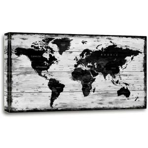 Black White World Map Canvas Wall Art for Living Room Large Office Canvas Artwork Decor Framed for Kitchen Bedroom-20 x40