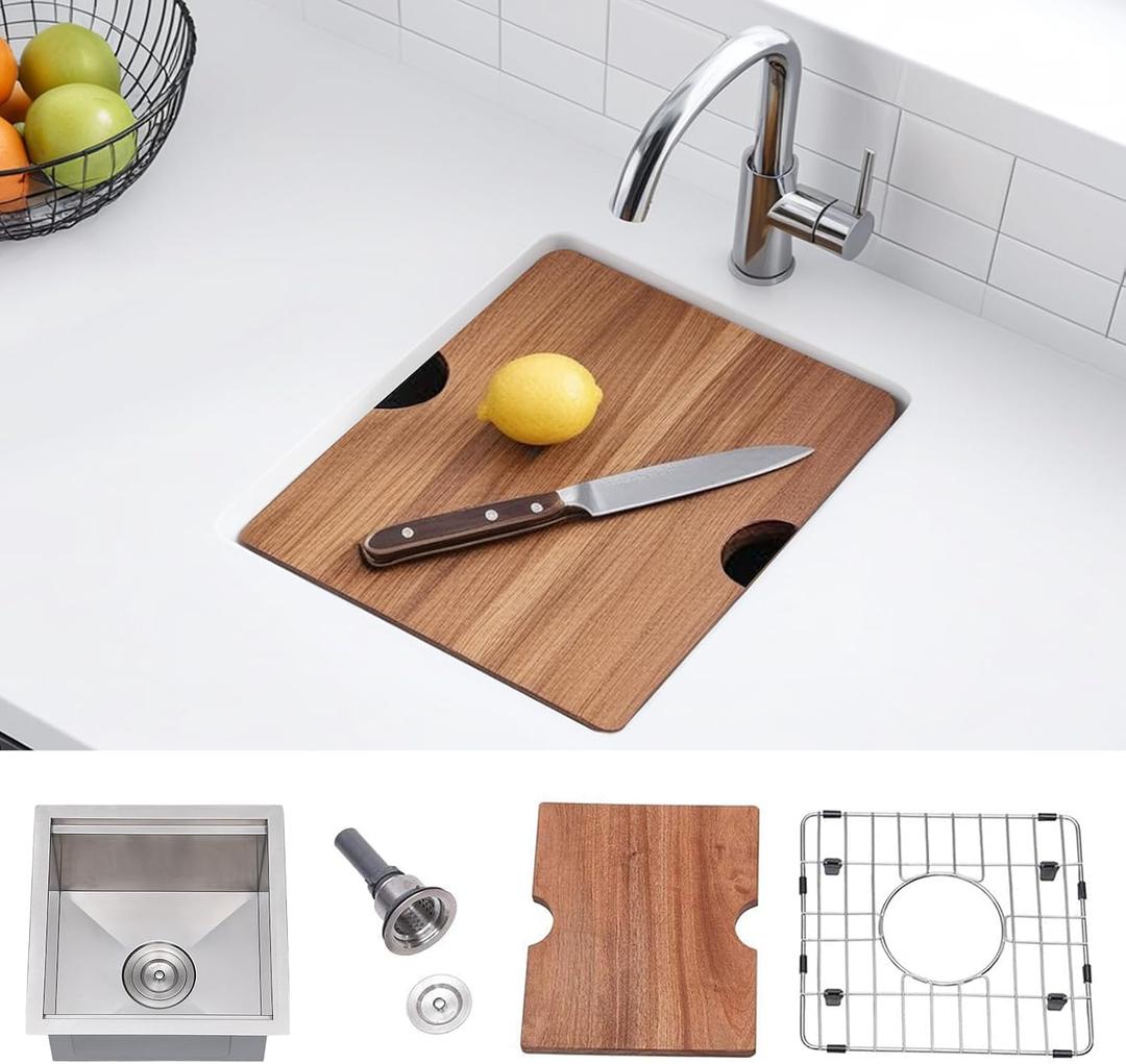 KINGO HOME 15x15 Inch Stainless Steel Small Undermount Bar Sink, Prep Sink Workstation Drop In RV Sinks 16 Gauge Ledge Kitchen Single Bowl Wet Bar with Accessories