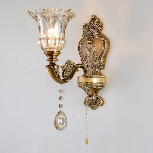 Aeyee Vintage Wall Sconce, Antique Brass Wall Light with Pull Chain On/Off Switch, Crystal Floral Bedside Wall Lamp for Entrance, Bedroom, Hallway