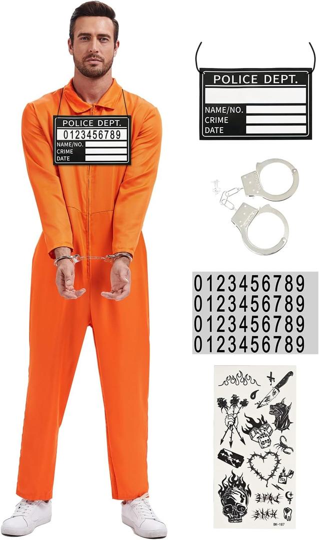 Prisoner Jumpsuit Men Orange Prison Inmate Costume Jail Criminal Cosplay Outfit for Adult Halloween (Small)