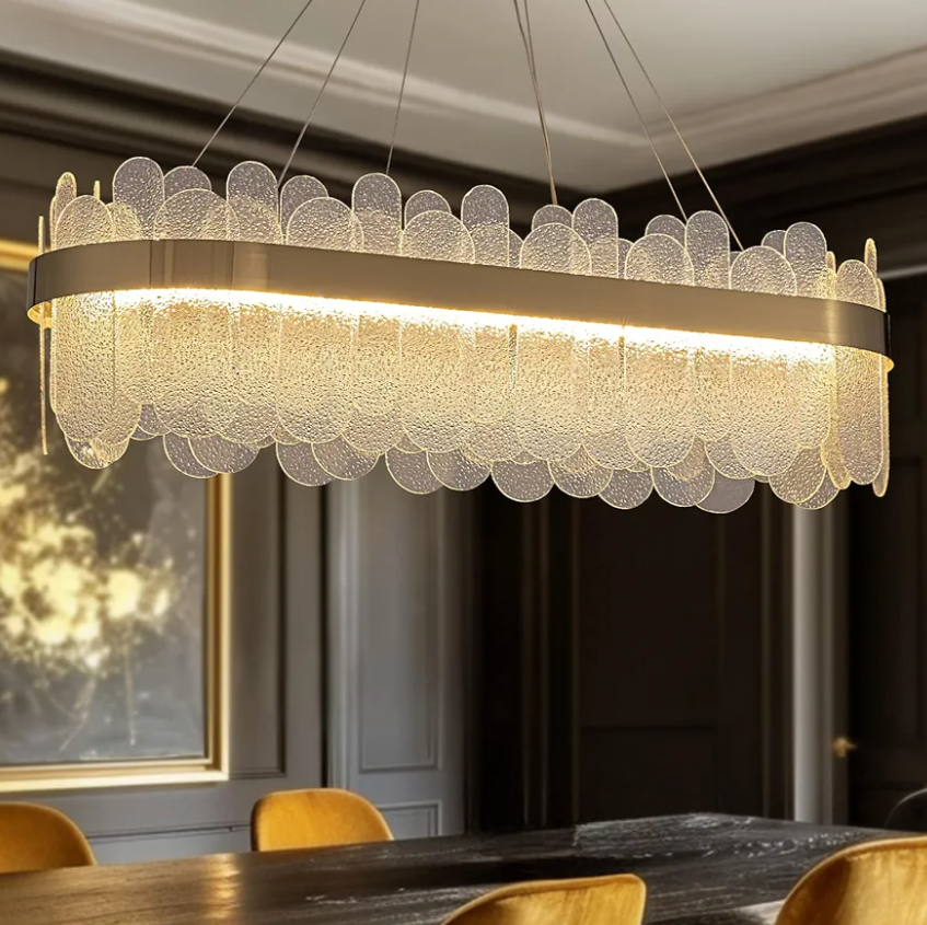 Gold Rectangle Chandelier for Dining Room,Modern LED Luxury Chandeliers, Linear Glass Pendant Hanging Lighting Fixture for Kitchen Island, 3-Color Dimmable, L39.3'' × W13.8'' × H10.6''