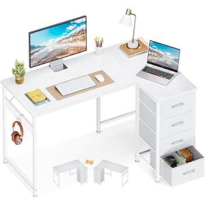Casaottima L Shaped Desk with 4 Drawers, 40" Small White Computer Desk with Storage, Reversible Kids Study Desk with Hook, Corner Desk for Home Office
