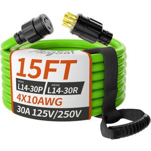 PlugSaf 15FT 30 Amp Generator Extension Cord 4 Prong, NEMA L14-30P/L14-30R 10 Gauge STW 125/250V Twist Lock Generator Cord Heavy Duty, Green ETL Listed