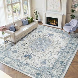 Area Rugs 9'x12' Washable Non-Slip, Floral Vintage Distress Print Pattern Medallion Carpet for Living Room Bedroom Dining Room, Light Blue Navy Beige Gray White