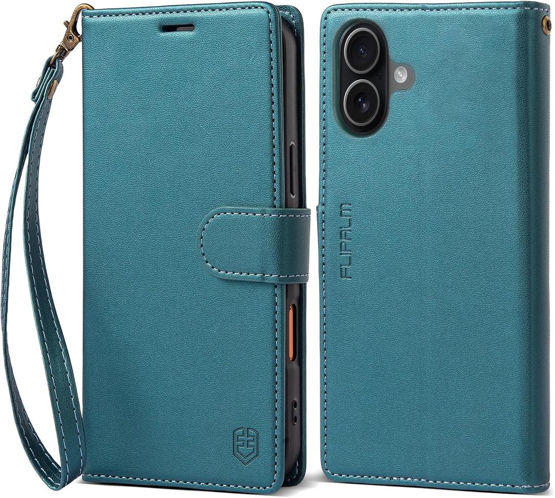 FLIPALM Wallet Case for iPhone 17 Series with Wrist Strap - PU Leather Folio Flip with Credit Card Holder & Kickstand, Protective Cover (Green, for iPhone 17)