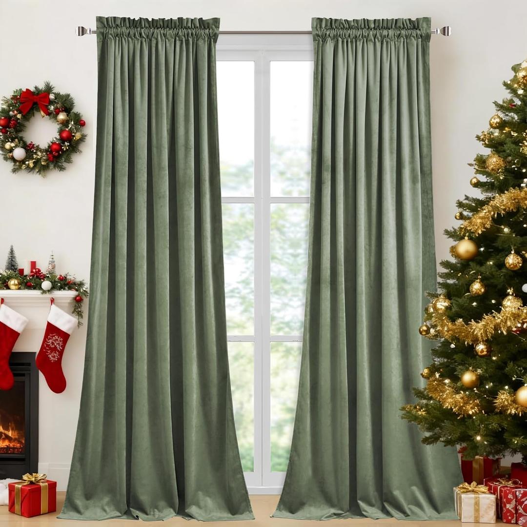 StangH Sage Green Velvet Curtains - Rod Pocket Room Darkening Curtain Panels Heritage Plush Heat Insulation Drapes for Nursery/Bedroom/Living Room, W52 x L84, 2 Panels