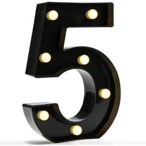 Pooqla Decorative Led Light Up Number Letters, Black Plastic Marquee Number Lights Sign for 5th 15th 50th Birthday Party Wedding Decor Battery Operated Black Number 5