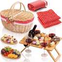 7 Pcs Picnic Set for 4 Folding Picnic Table Large Outdoor Red Plaid Blanket Wicker Basket Pillows & Serving Trays Essentials Date Set Outdoor Accessories Camping Wedding Beach Gift