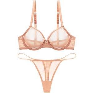 Women See Through Mesh Bra and Thong Set Transparent Sexy Underwear (Beige, S)