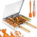 Grill Basket Set,Removable Wooden Handle,BBQ Vegetable Basket with Easy Open Lid,Food tongs,oil brush,Smoker Grilling Accessories for fish,Outdoor Cooking Camping, Birthday Gifts for Men Dad Husband