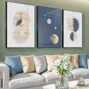 MPLONG 3 Pieces Framed Wall Art Canvas Print Set Minimalist Medieval Geometric Circle Abstract Illustration Modern Decor Multicolor Living Room Bedroom Office 20"x 28"x 3 Panels (Blue)