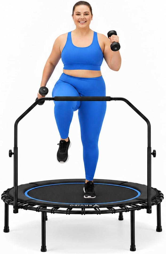 46" Bungee Rebounder Trampoline for Adults, 460LBS Low Impact Quiet Foldable Mini Trampoline, Easy Assembly Indoor Fitness Rebounder with Handle for Whole-Body Workout