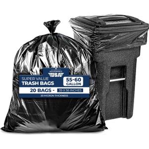 55 Gallon Large Trash Bags [39 X 56  20 Micron] 20 Black Contractor Garbage Bags | Heavy Duty Lawn Leaf Yard Waste Bags | 55-60 Gallon Extra Large Construction Industrial Plastic Trash Can Liners (1 Count (Pack of 20))
