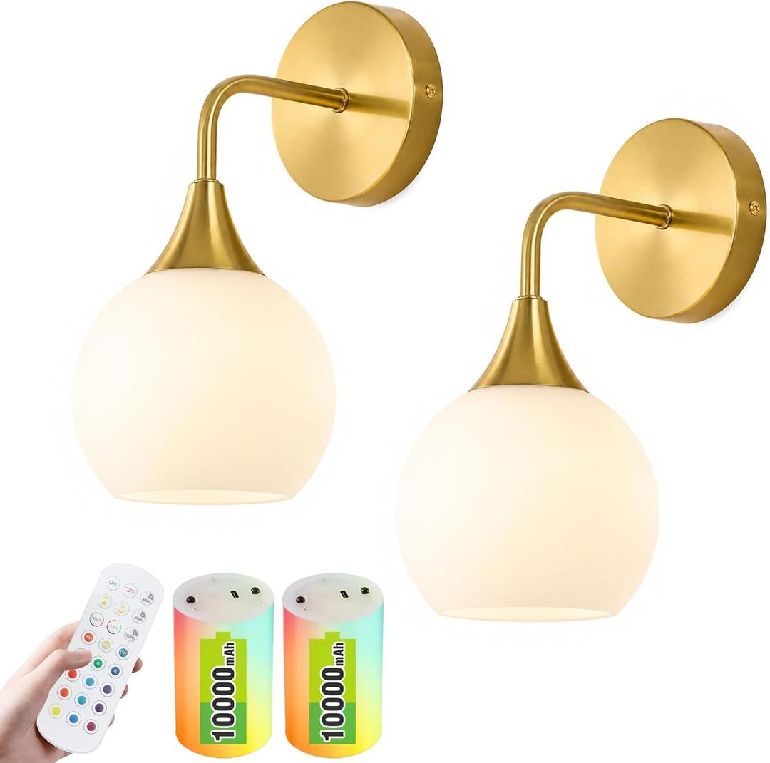 Peel and Stick Sconces Set of 2,Battery Operated Wall Sconces,Frosted Glass, 2 Pack