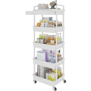 Calmootey 5Tier Rolling Utility Cart with Drawer,Multifunctional Storage Organizer with Plastic Shelf & Metal Wheels,Storage Cart for Kitchen,Bathroom,Living Room,Office,White