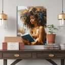 Framed Canvas Wall Art Reading Black Women Painting Print Abstract Poster Gallery Style Modern Figurative Picture 16x24 Inch Ready To Hang